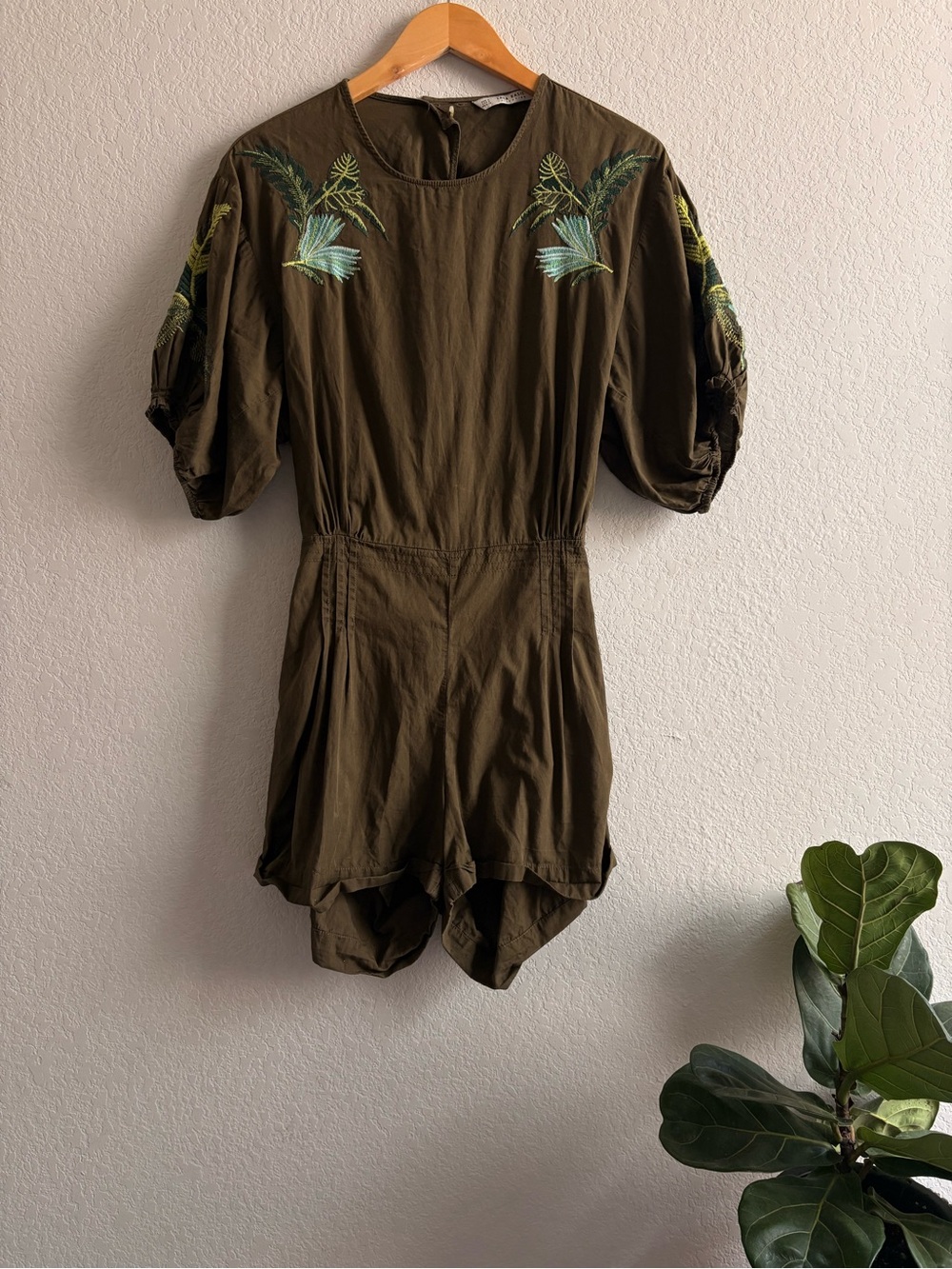 Olive Green Embroidered Romper ZARA M
